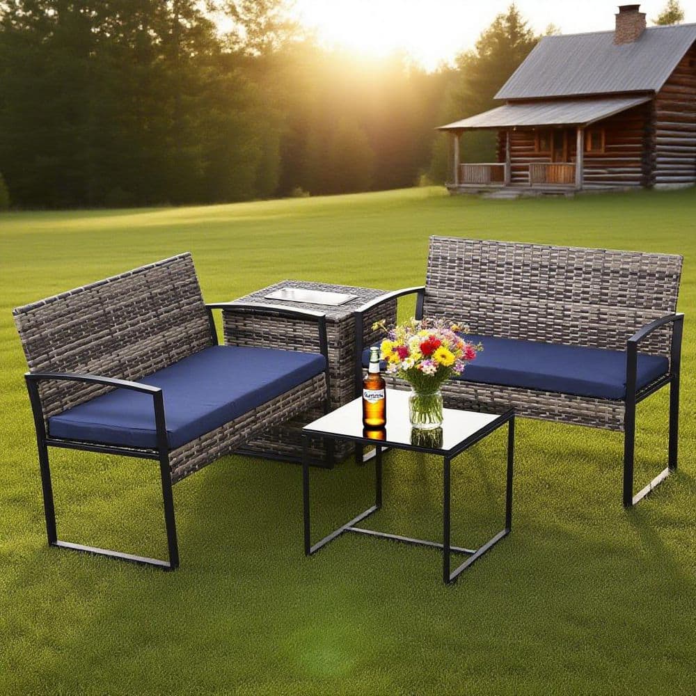 4 Piece Gray Metal Patio Conversation Set with Blue Cushions ZN-2989 ...
