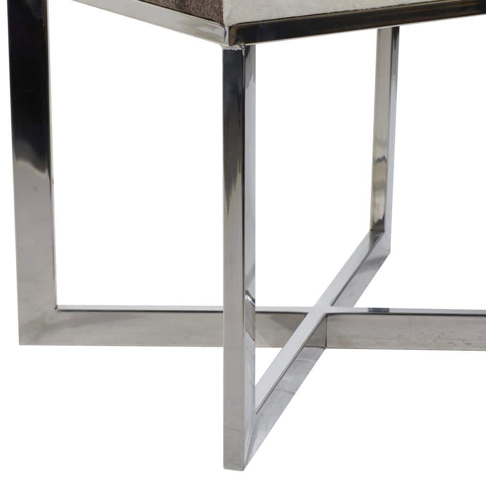Silver Hair on Hide Upholstered Stool with Steel X-Base