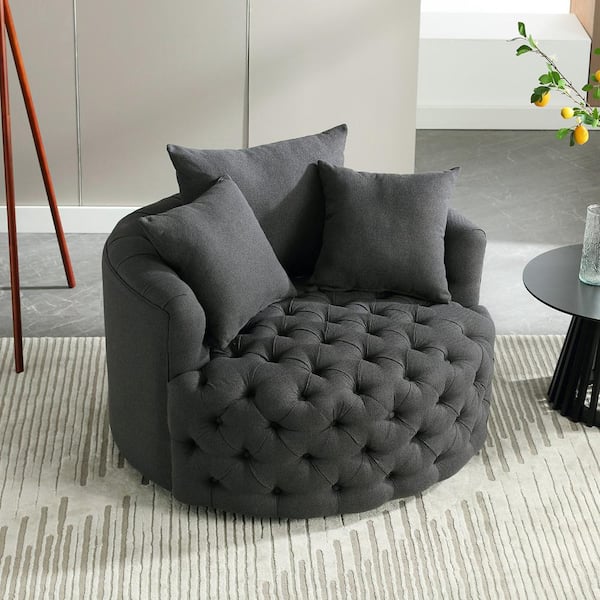 Tufted linen discount swivel barrel chair