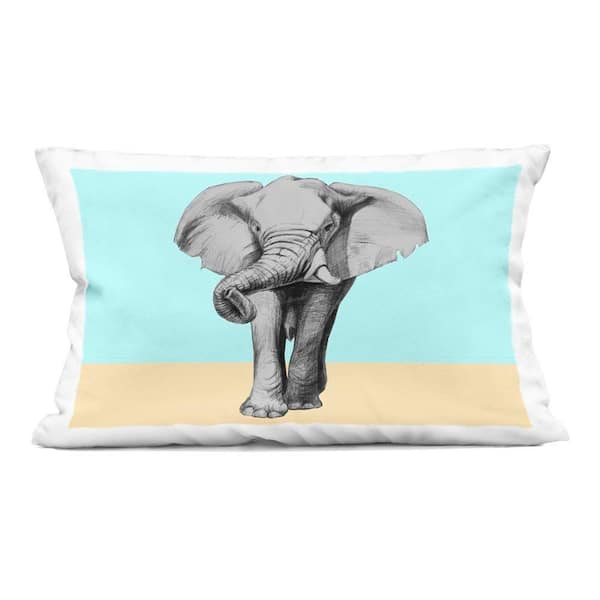 Sketched Elephant on Blocked Hues Blue Print Zipper Polyester 14 in. X 20 in. Throw Pillow