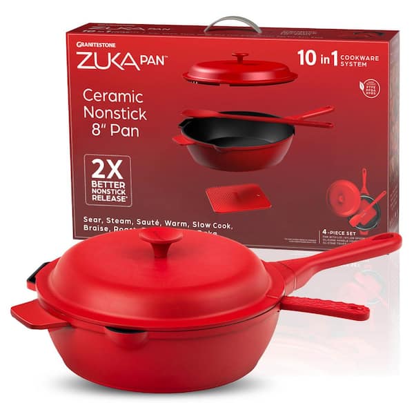 Zuka Everyday Pan 1.25 qt. Aluminum 10 in 1 Ceramic Nonstick Multi-Functional Saute Pan with Lid, Nylon Spoon