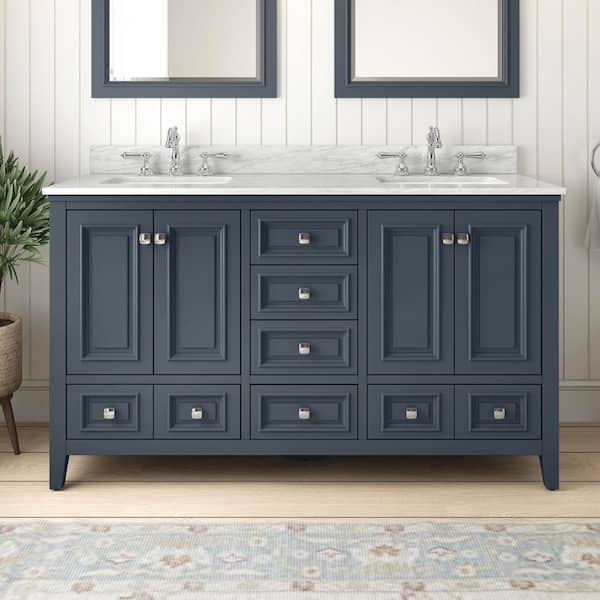 TJAmerican Graydon 60 in. W x 22 in. D x 35 in. H Double Sink Steel Grey Bath Vanity with White Carrara Marble Top Assembled