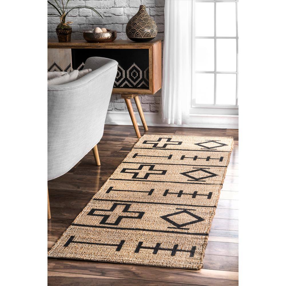 Handmade Tufted Oriental Cotton Runner Rug in Black