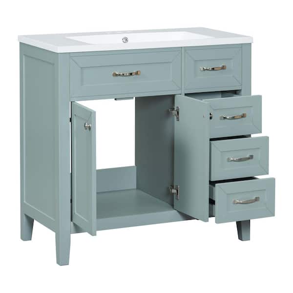 36in. Green Bathroom Vanity Freestanding, Bathroom Cabinet with Drawers, Top Ceramic with White Basin