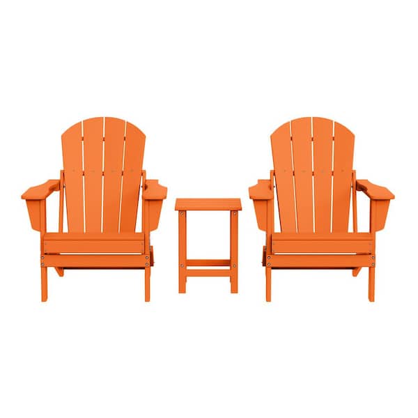 Laguna 3-Piece Fade Resistant Outdoor Patio HDPE Poly Plastic Folding Adirondack Chair Set with Side Table in Orange