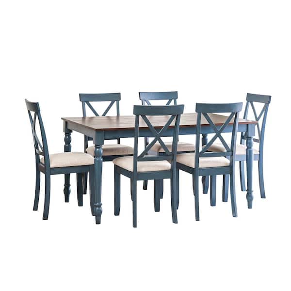 Vifah Lafayette 7-Piece Clay Blue Frame and Walnut Wood Top Dining Room Set Seats 6