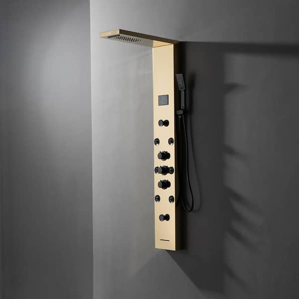 5-in-1, 8-Jet Shower Panel Tower System with Rainfall Waterfall Shower Head, and Massage Body Jets in Black Gold