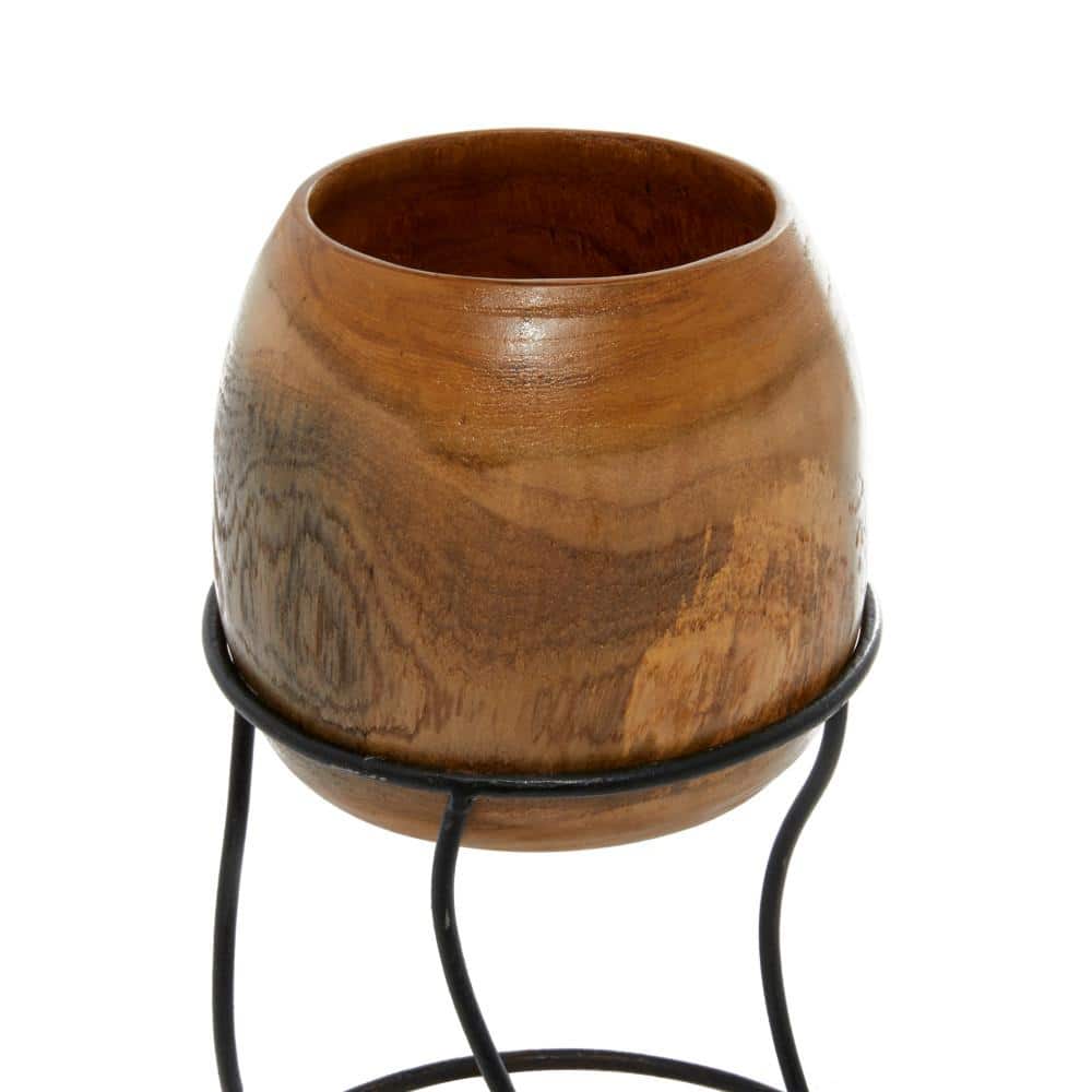 Rustic Teak Wood and Iron Planter Set with Wavy Stand, 3 Pieces