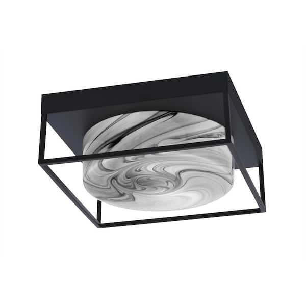 Unbranded Ashland 12 in. 2 Light Matte Black Flush Mount with Onyx Swirl Glass Shade No Bulbs Included
