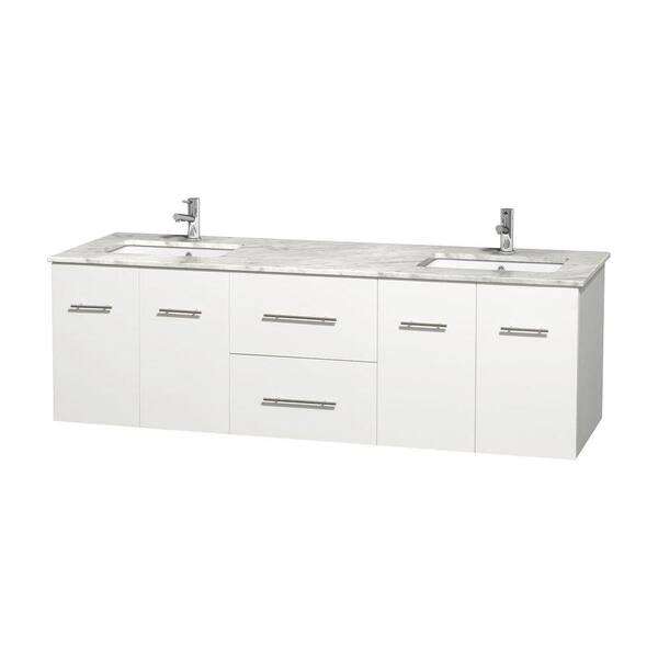 Wyndham Collection Centra 72 in. Double Vanity in White with Marble Vanity Top in Carrara White and Under-Mount Sinks