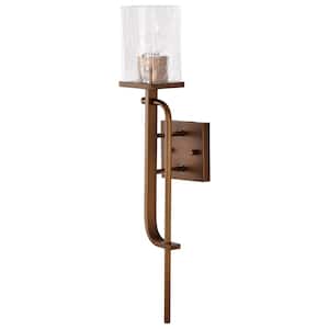 Terrace 4.5 in. 1-Light Natural Brass Wall Sconce with Crackel Glass Shade