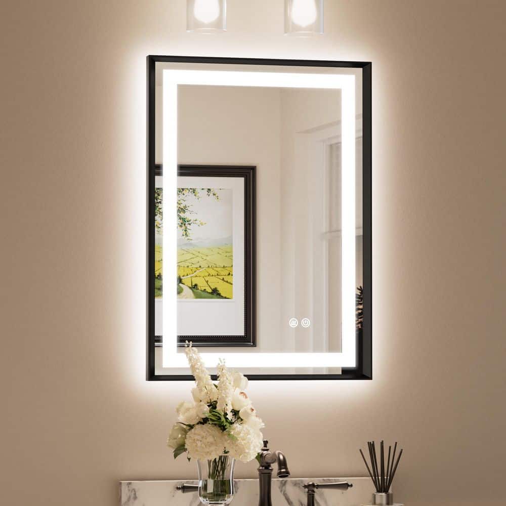 20 in. W x 28 in. H Rectangular Framed LED Anti-Fog Wall Bathroom Vanity Mirror in Black with Backlit and Frontlit price history on PriceWatchPro