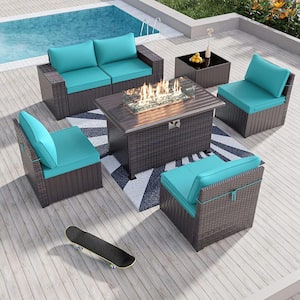 7-Piece Wicker Patio Conversation Set with 55000 BTU Gas Fire Pit Table and Glass Coffee Table and Blue Cushions