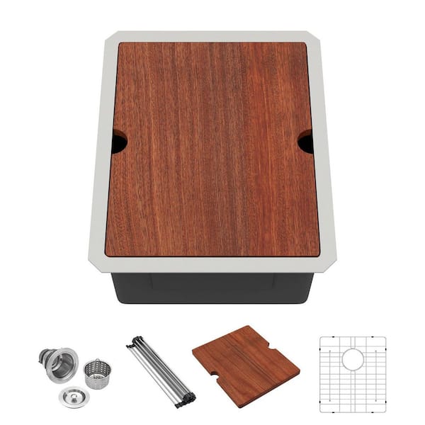 17 in. x 19 in.Single Bowl 16-Gauge Stainless Steel Undermount Workstation Kitchen Sink with Strainer