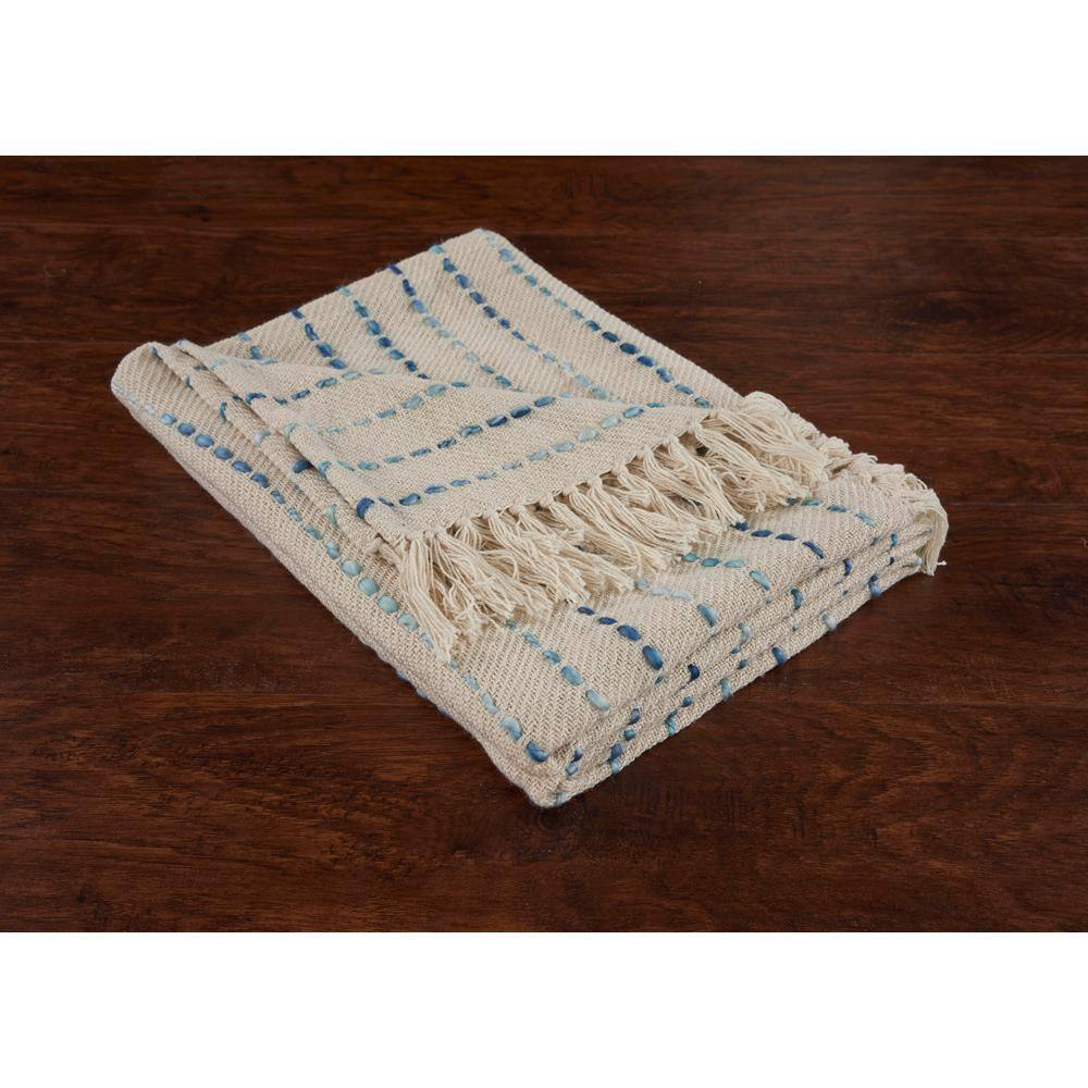 Cream and Blue Cotton Reversible Throw Blanket, 50" x 60"