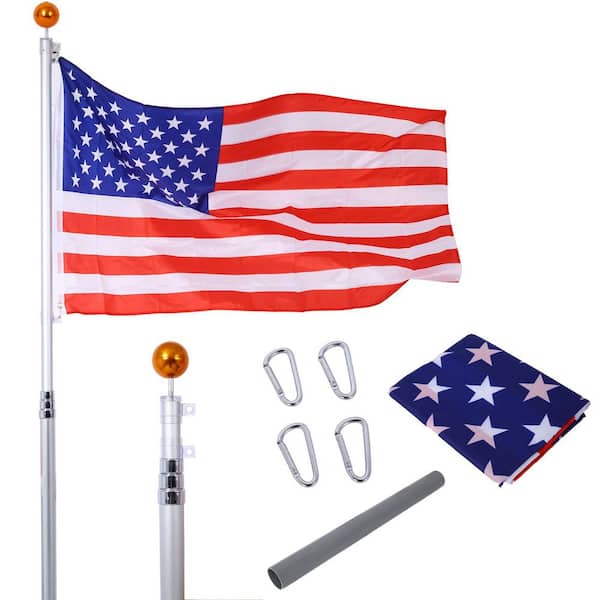 16 ft. Telescopic Flagpole Kit, Heavy Duty Sectional Flag Pole Kit, Outdoor Inground Flag Poles with Topper Balls