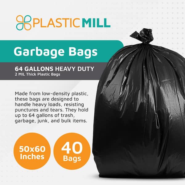 PlasticMill - 50 in. W x 60 in. H. 64 Gal. 2 mil Black Heavy-Duty Bags (40-Count)