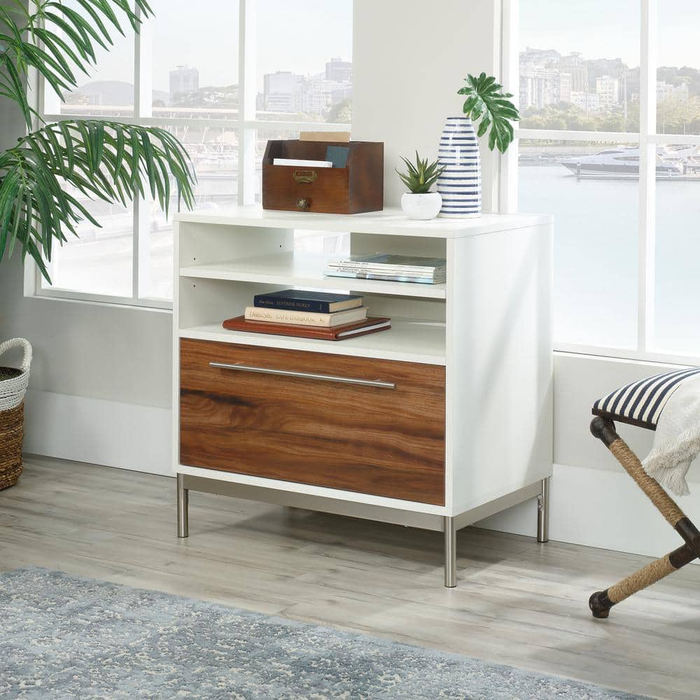 Pearl Oak Mobile Lockable Lateral File Cabinet with Metal Details