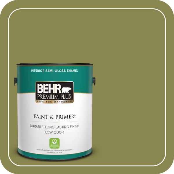 BEHR PREMIUM PLUS 1 gal. #T15-18 Snap Pea Green Semi-Gloss Enamel Low Odor Interior Paint & Primer