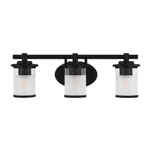 23.25 in. Truitt 3-Light Matte Black Transitional Bathroom Vanity Light with Clear and Sand Glass Shades
