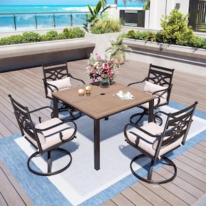 5-Piece Metal Patio Outdoor Dining Set with Brown Slat Tabletop and Cast Iron Pattern Swivel Chairs with Beige Cushions