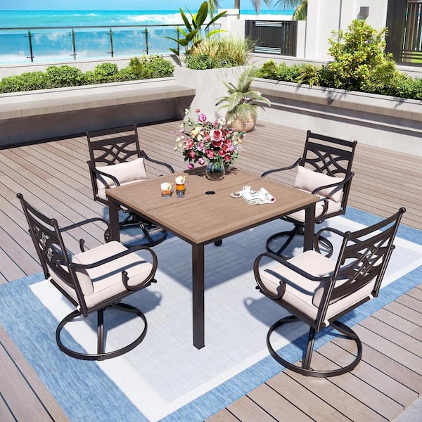 PHI VILLA 5 Piece Metal Patio Outdoor Dining Set with Brown Slat Tabletop and Cast Iron Pattern Swivel Chairs with Beige Cushions THD5 141406