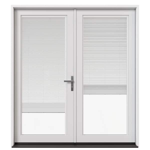 72 in. x 80 in. Left-Hand/Inswing Primed Fiberglass French Patio Door w/ Low-E Glass, Blinds & Nickel Handle