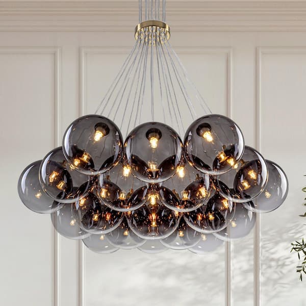 Bolton 19-Light Brass Modern Bubble Chandelier, Sputnik Globe Chandelier with Gradient Gray Glass Shades for Living Room