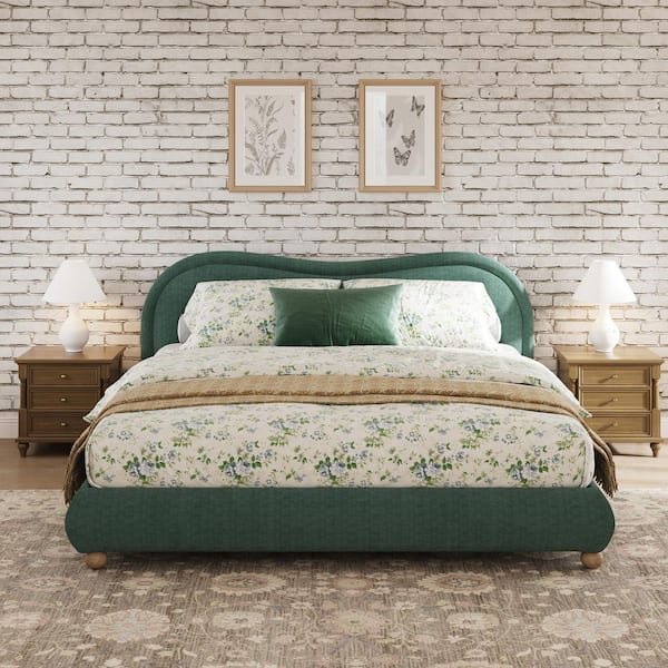 Altonis Modern Olive Green Chenille Upholstered Wood Frame King Platform Bed with Rounded Corners Curved Headboard
