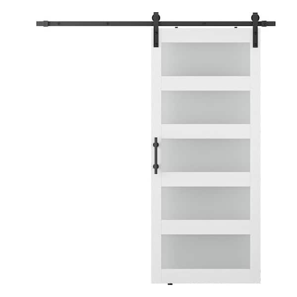 26 in. x 80 in. 5-Lite Frosted Glass White Finished MDF Sliding Barn Door with Hardware Kit