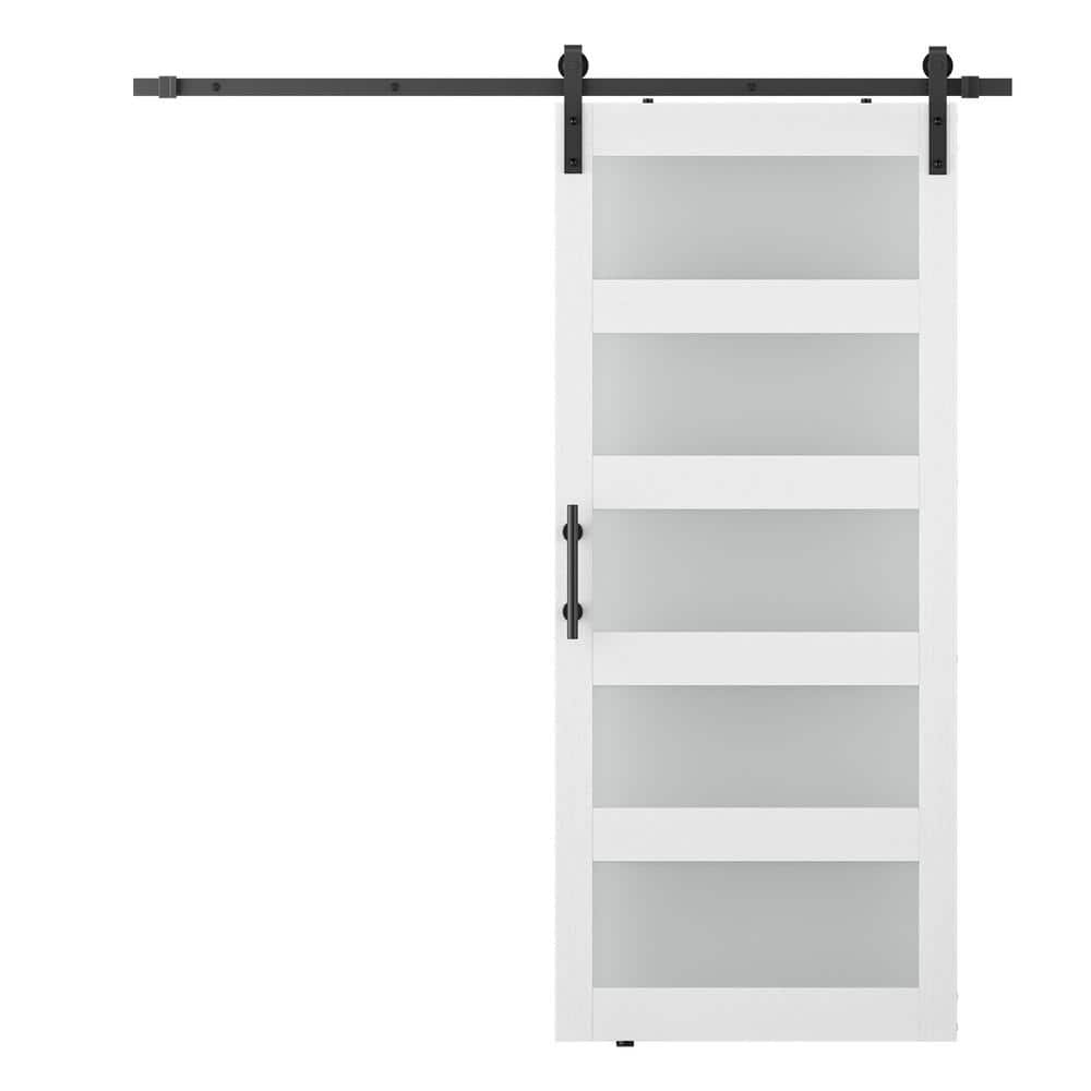 White Frosted Glass Paneled MDF Barn Door Kit with Matte Black Hardware