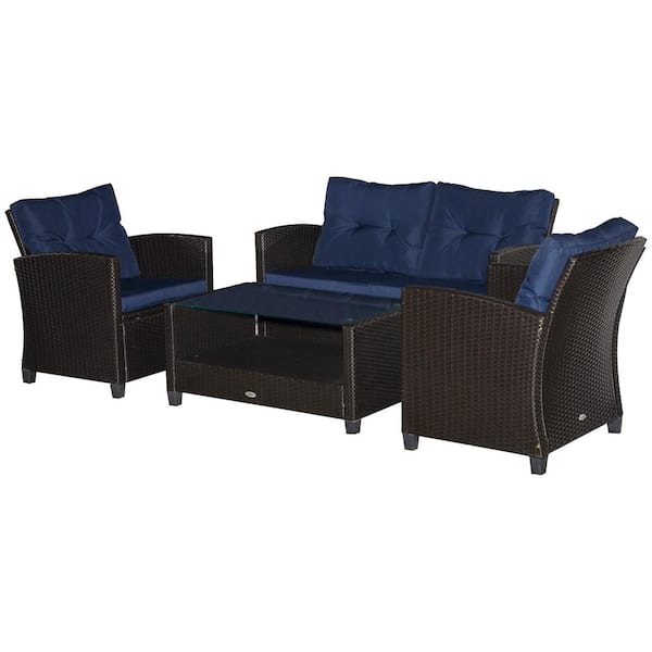 FORCLOVER 4-Piece Wicker Patio Conversation Set with Drak Blue Cushions
