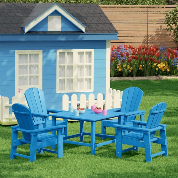Children's Laguna Outdoor Patio All Weather Plastic 5-PC Kids Adirondack Square Picnic Table Dining Set in Pacific Blue