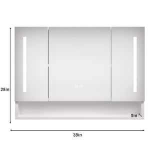 39 in. W x 28 in. H Rectangular Aluminum Medicine Cabinet with Mirror, LED Light and Open Shelf