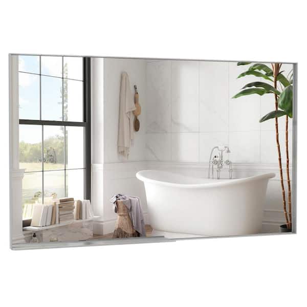 YSQCAR 60 in. W x 36 in. H Square Frame Vertical or Horizontal Hanging Decorative Wall Bathroom Vanity Mirror in Silver