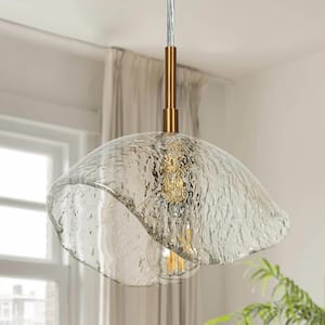 Modern Kitchen Island 1-Light Plated Gold Dining Room Hanging Pendant Light with Textured Glass Shade