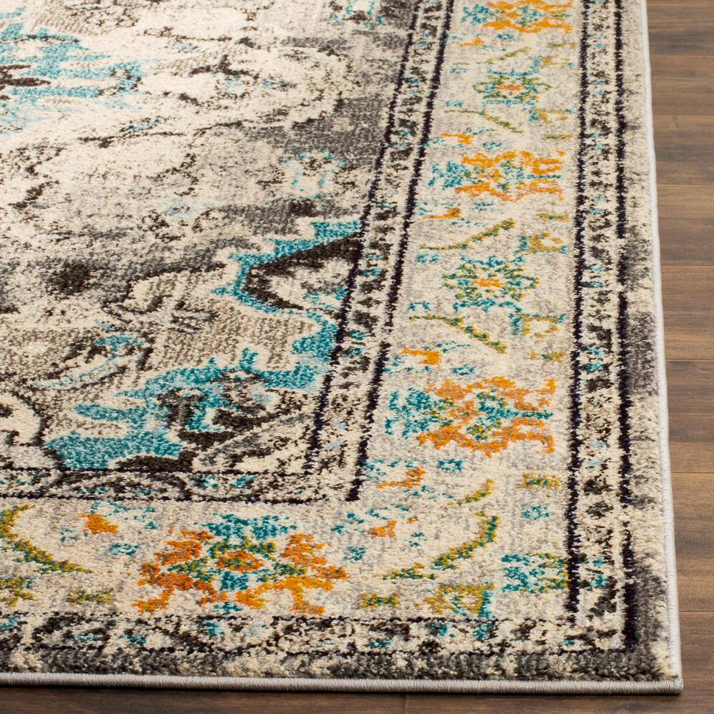 Grey and Orange Medallion 59" Round Synthetic Easy-Care Rug