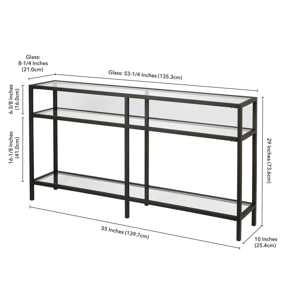 Sivil 55" Blackened Bronze and Black Metal Console Table with Glass Top