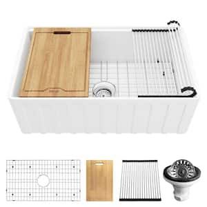 Fireclay 30 in. Farmhouse/Apron-Front Single Bowl White Gloss Fireclay Workstation Kitchen Sink with Reversible Front