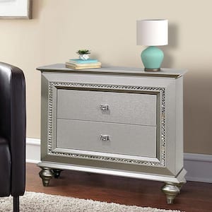Spacious Silver 2-Drawer Nightstand with Mirror Beveled Pulls 30 in. L x 18 in. W x 30 in. H