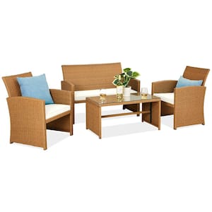 Natural 4-Piece Wicker Patio Conversation Set with Ivory Cushions, 4 Seats, Tempered Glass Table Top