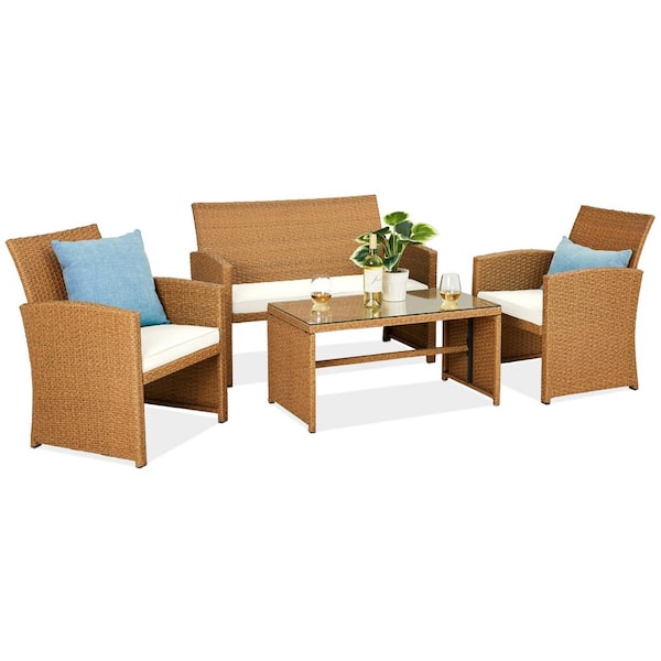 Best Choice Products Natural 4-Piece Wicker Patio Conversation Set with Ivory Cushions, 4 Seats, Tempered Glass Table Top