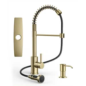 Single Handle Pull Down Sprayer Kitchen Faucet with Soap Dispenser and Flexible Hose in Gold