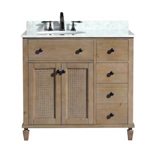 Annie 36 in. Bath Vanity in Weathered Fir with Marble Vanity Top in Carrara White with White Basin