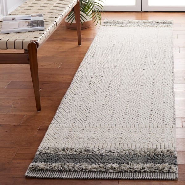 Martha Stewart 2 ft. x 9 ft. Ivory/Gray Border Herringbone Runner Rug