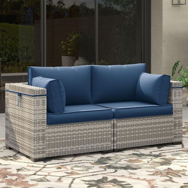 Gray 2-Piece Wicker Outdoor Patio Sectional Set with Navy Cushions Corner Sofa Conversation Seating Set for Garden