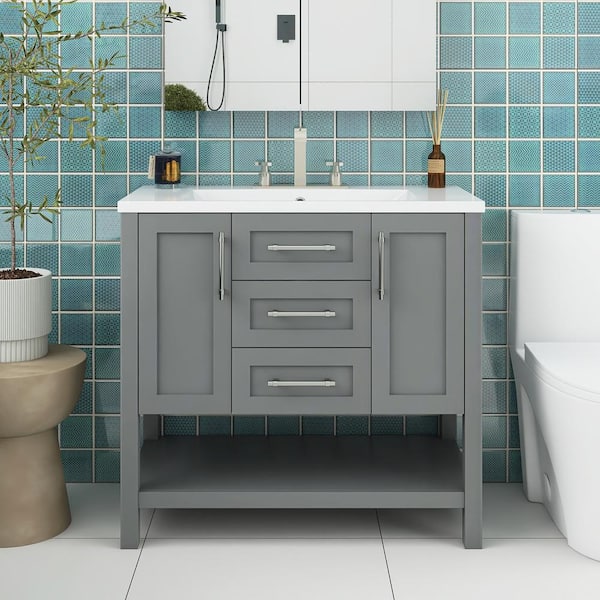Staykiwi 36 in. W x 18 in. D x 34 in. H Freestanding Bath Vanity in Grey with White Cultured Marble Top