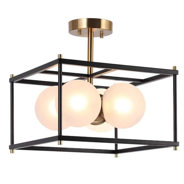 Modern 13.5 in. W 4-light Black Brass Semi-flush Mount Light with Frosted Glass, Square Ceiling Lamp for Bedroom, Foyer
