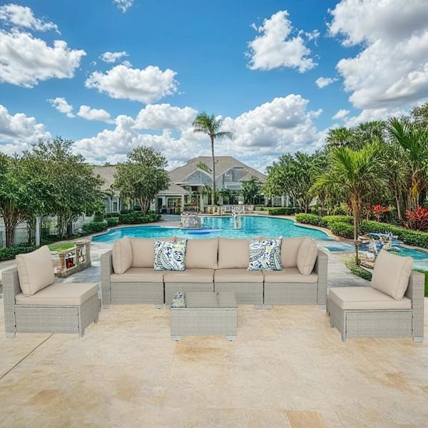 Zeus & Ruta 7-Piece Gray White Wicker Patio Outdoor Sectional Sofa with Coffee Table and Field gray Cushions