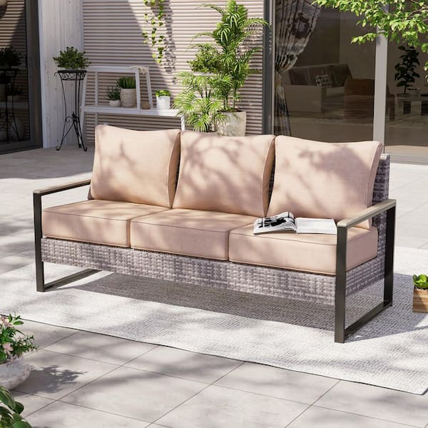 Outdoor 3-Seater Sofa Patio Conversation Set All-Weather Sofa PE Rattan Gray Wicker with Sand Cushion